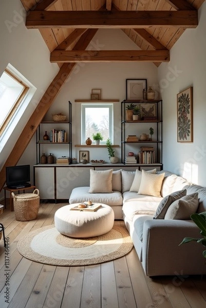 Fototapeta Corner sofa against shelving unit, scandinavian home interior design of modern living room in attic in farmhouse.