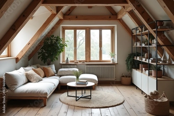 Fototapeta Corner sofa against shelving unit, scandinavian home interior design of modern living room in attic in farmhouse.