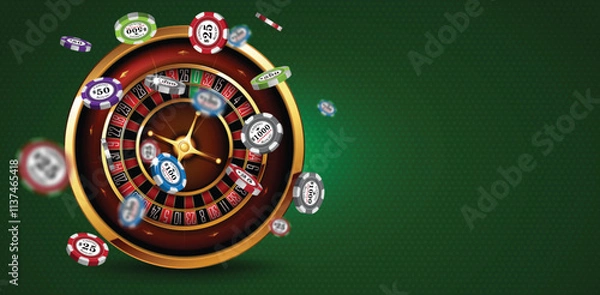 Fototapeta Casino advertising design with a tape measure and casino chips on a green background. 3D vector. High detailed realistic illustration.