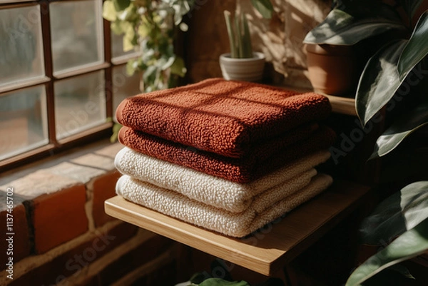 Fototapeta Folded red and white towels stacked on a wooden shelf near a window.