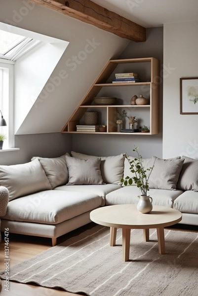 Fototapeta Corner sofa against shelving unit, scandinavian home interior design of modern living room in attic in farmhouse.