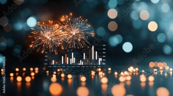 Fototapeta Vibrant Fireworks Above Graph with Colorful Bokeh Background Representing Celebration and Success in Business and Finance Metrics