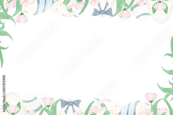 Obraz Watercolor Easter Horizontal Frame Illustration with White Sleeping Hare in Green Leaves, Pink Flowers, Eggs with Bows for Print and Web Use