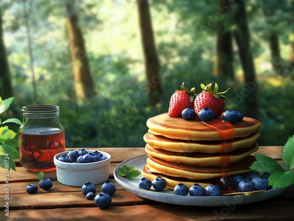 Fototapeta pancakes with blueberries and strawberries on top, jar of maple syrup and bowl of blueberries on a table outside
