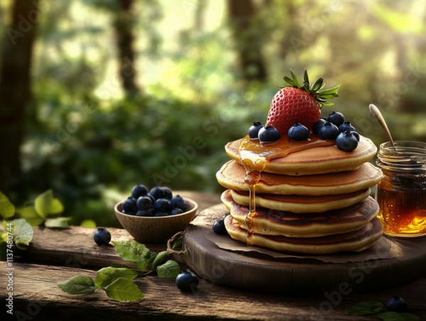 Fototapeta stack of pancakes with blueberries, syrup and a strawberry on a picnic table outdoors