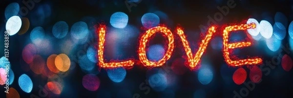 Fototapeta A captivating display of the word 'LOVE' illuminated by vibrant lights and surrounded by a dreamy bokeh background.