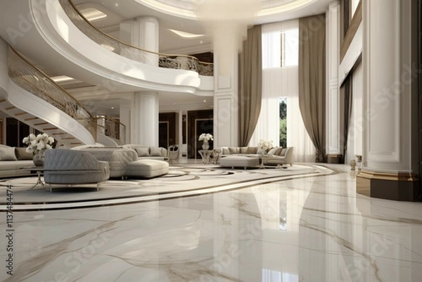 Fototapeta Interior design of minimalist living room and spacious luxurious floor with premium patterns, modern tiles, and an open hall with minimal furniture, showcasing an elegant and contemporary aesthetic