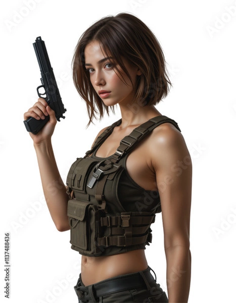 Fototapeta Woman in camo holds handgun, suitable for militarythemed designs, selfdefense concepts, security company ads, and gun control discussions