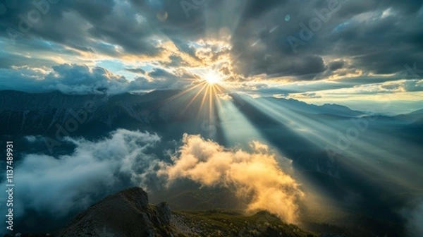 Fototapeta Majestic sunrise over mountain ranges nature landscape cloudy sky scenic view tranquility and wonder