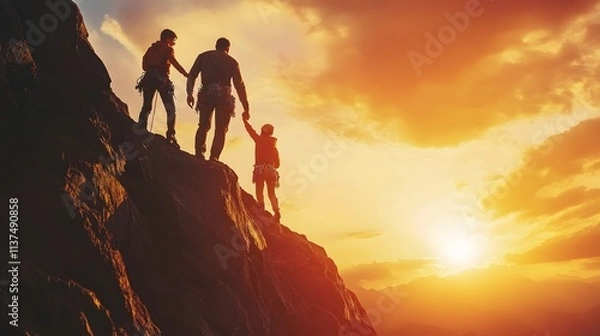 Obraz 62. **Visualize a father, his partner, and child scaling a scenic crag with the sun setting behind them.