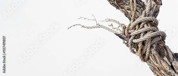 Fototapeta Frayed rope caught in a tree branch with exposed knots, strained structure, snapped wire, tangled thread, frayed rope, dried wood.