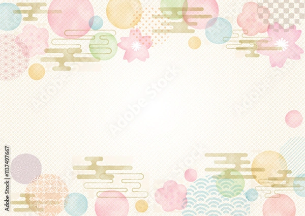 Obraz 手描き　お正月 年賀状 水彩　梅と桜と水玉と和柄の背景イラスト