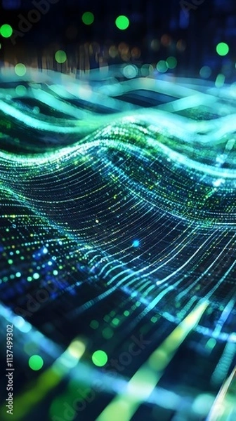 Obraz Abstract data streams flowing in neon green and electric blue, forming dynamic digital waves.