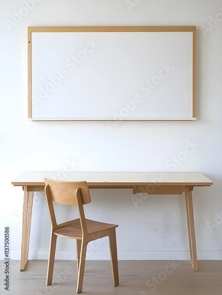 Fototapeta A workspace with a wall-mounted desk, a single chair in light wood, and a blank whiteboard as the focal point.