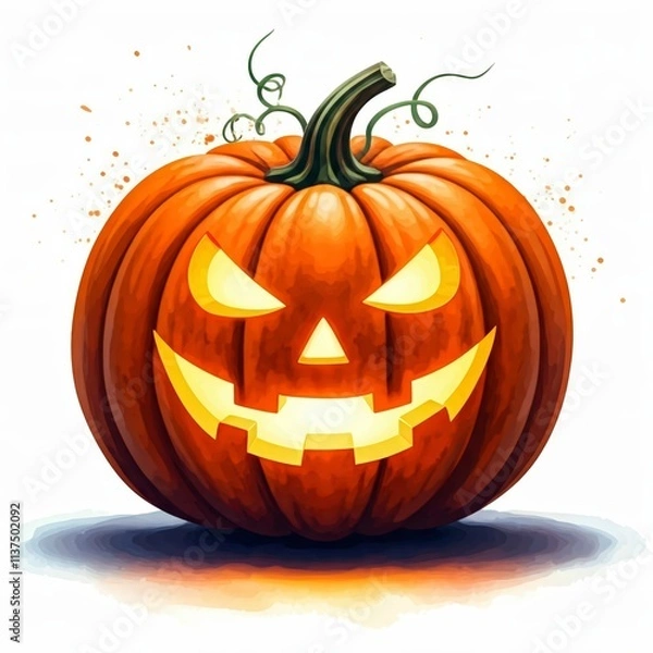 Fototapeta Jack-o'-Lantern Glow: A vibrant, hand-painted pumpkin with a menacing grin, lit from within, casts an eerie glow. Perfect for Halloween, fall decorations, and spooky themes. 