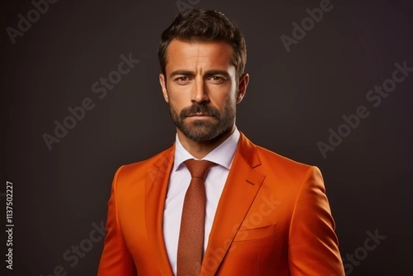 Obraz A man in an orange suit and tie is standing in front of a dark background