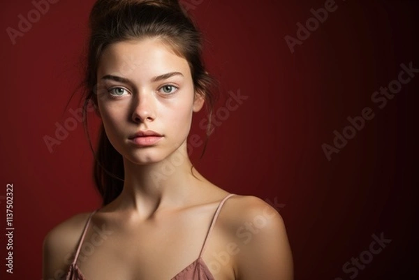 Fototapeta A woman with a green eye stands in front of a red background