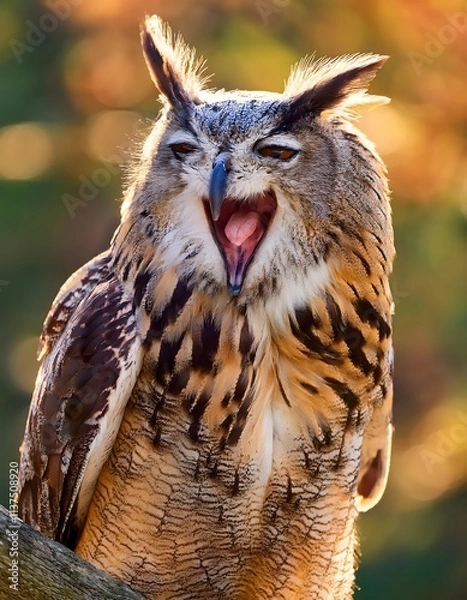 Fototapeta An owl mid-yawn, with its eyes half-closed, sitting on a branch in a blurred natural background, details of feathers clearly visible.