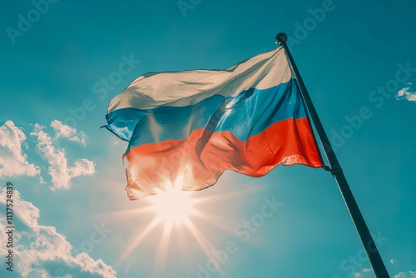Fototapeta A Russian Federation flag flies high on a flagpole against a blue sky and bright sun.