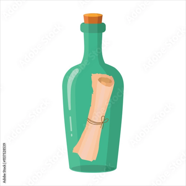 Fototapeta A bottle with a note. A green glass bottle with a stopper and a twisted note inside. Vector illustration.
