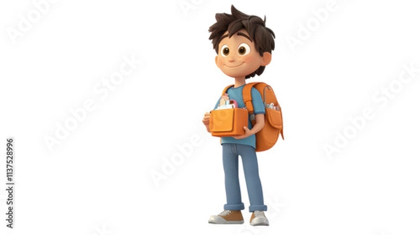 Obraz A cheerful young boy with a backpack holds a lunchbox while standing against a transparent background in a casual outfit.