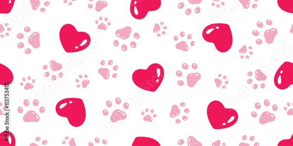 Fototapeta heart seamless pattern footprint dog paw valentine glossy icon vector puppy kitten cartoon gift wrapping paper scarf isolated doodle repeat wallpaper tile background illustration design