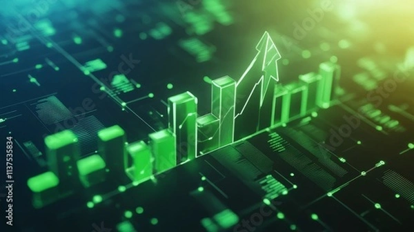 Fototapeta A futuristic digital visualization showcasing a green bar chart with an upward arrow, representing financial growth, success, and positive business trends. Ideal for financial and economic topics.. AI