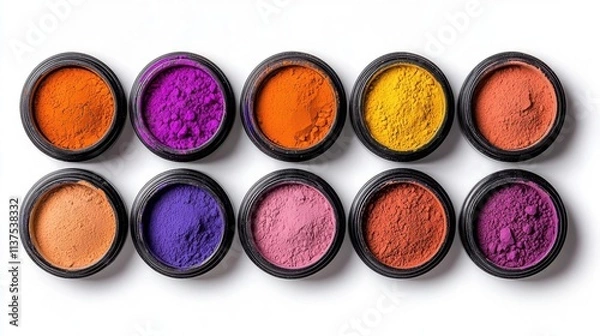 Fototapeta A photostock of vibrant pigment powders in jars, arranged neatly on a white background, colorful and vivid, High Quality
