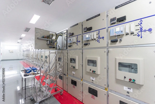 Fototapeta Interior of electrical room. Main operator station network and circuit center in industry factory manufacturing system.