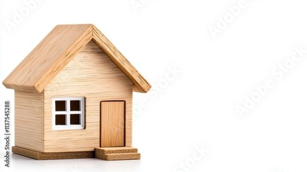 Fototapeta A photostock of a miniature model home made of natural wood, isolated on a clean white background, symbolic and charming, High Quality