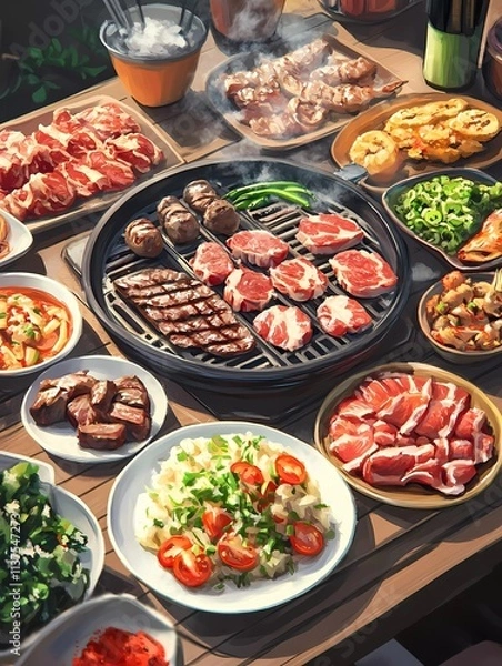 Fototapeta Colour water Painting of Barbecue