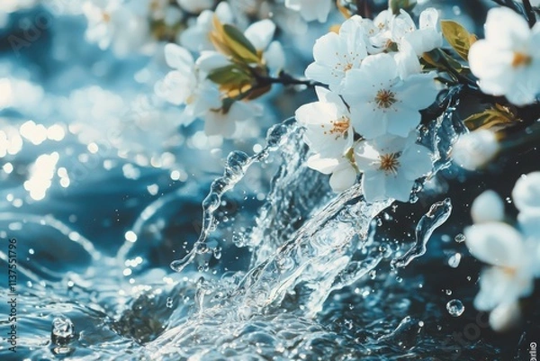 Fototapeta Enchanting closeup of splashing water from a fountain surrounded by blooming flowers nature scene bright light droplets botanical garden view