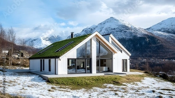 Fototapeta A Scandinavian-inspired villa with white wood cladding, green roofs, and large windows framing snowy mountains.