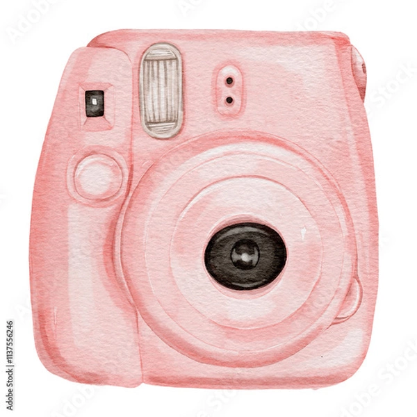 Fototapeta Watercolor illustration of a pink instant camera with soft shading, combining a vintage and playful aesthetic perfect for creative and nostalgic themes.