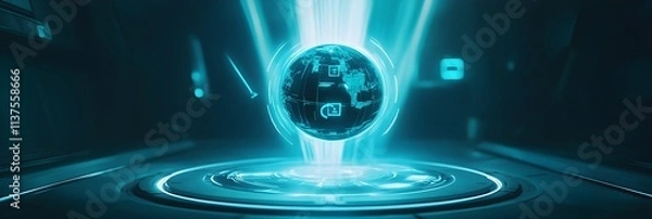 Fototapeta A rotating 3D holographic globe emitting light rays in cyan, surrounded by digital icons.