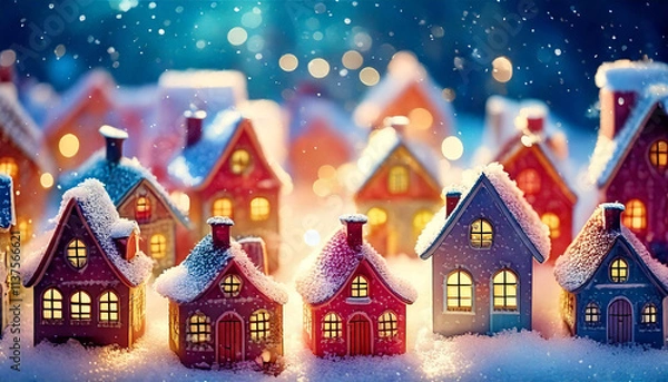 Obraz 雪の村、冬の風景、温かい家の光、雪化粧の屋根、クリスマスの街、幻想的な夜、輝く窓、雪降る町並み、ホリデーシーズン、暖かな灯り、雪景色、冬の小さな家、光と雪、ロマンチックな冬、夢幻の村
