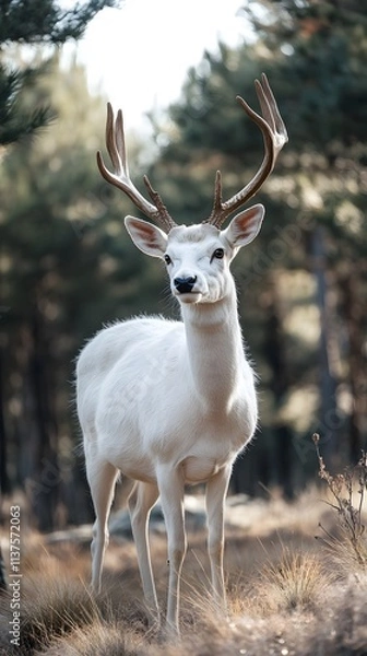 Obraz A majestic white deer with perfect antlers, and with beautiful views of the pine forest