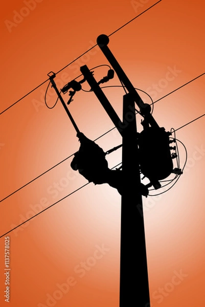 Fototapeta Silhouette of power lineman uses a clamp stick grip all type to install the line cover on energized high-voltage electric power lines. To change the lightning arresters that is damaged.