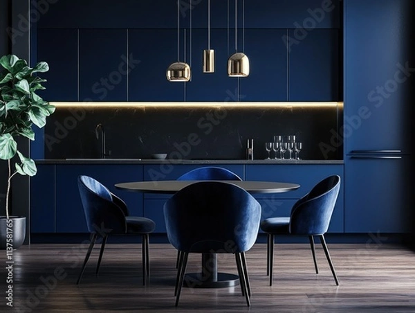 Fototapeta Contemporary Kitchen and Dining Room with Blue Accent