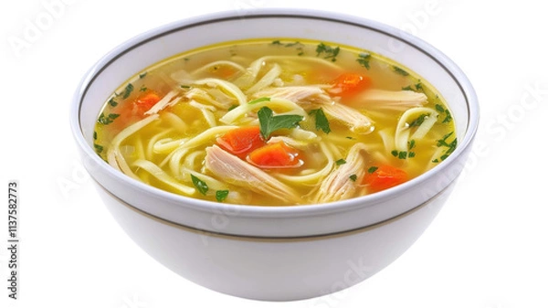 Obraz Warm chicken noodle soup served in a white bowl with fresh herbs and vegetables on a light background.