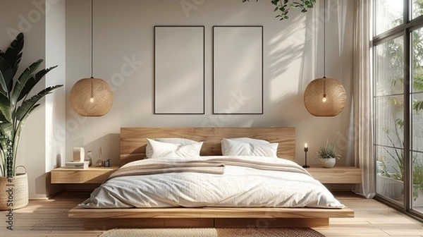 Fototapeta A modern minimalist bedroom with a serene and cozy ambiance. The room features a wooden platform bed with a light oak finish.