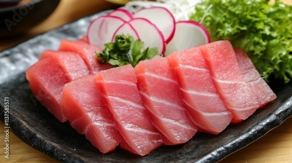 Fototapeta Fresh Tuna Sashimi Served on Black Plate with Vegetables and Garnish