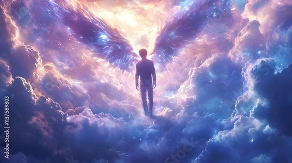 Fototapeta A figure with angelic wings stands among colorful clouds, symbolizing hope and dreams.