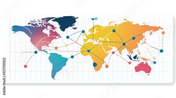 Fototapeta Colorful World Map with Connections and Network Nodes for Travel