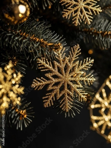 Fototapeta Golden Snowflake Christmas Tree Decorations