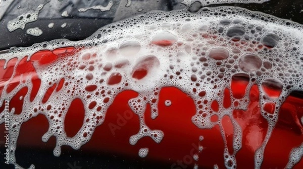 Fototapeta Intricate Car Wash Foam Patterns on a Vibrant Red Vehicle