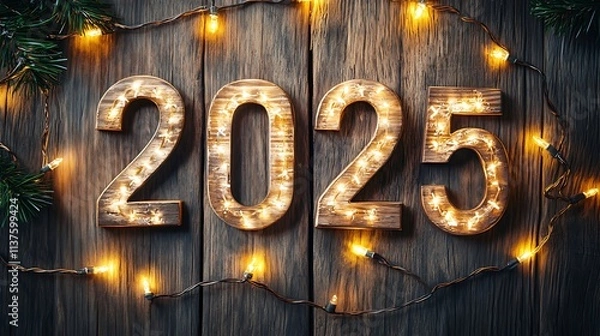 Fototapeta The rustic wooden surface with golden "2025" numbers is lit by cozy, warm holiday string lights.