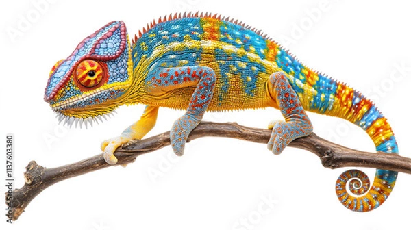 Fototapeta Blue and orange chameleon isolated on white background