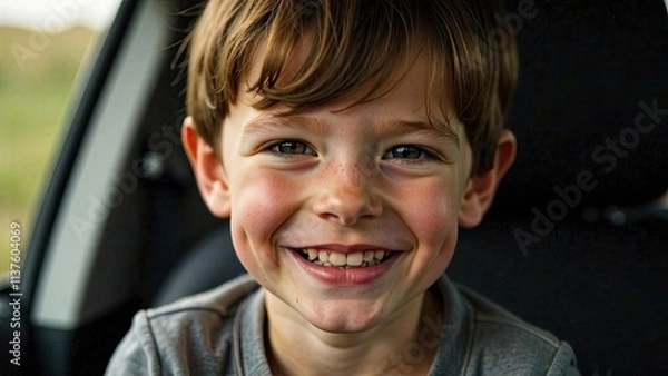 Fototapeta Young boy smiles happily while sitting in a car during a sunny day in a rural setting with green surroundings. Generative AI