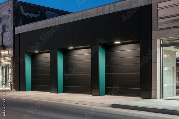 Fototapeta Modern black garage doors with teal accents, set next to a storefront illuminated by sharp lights.